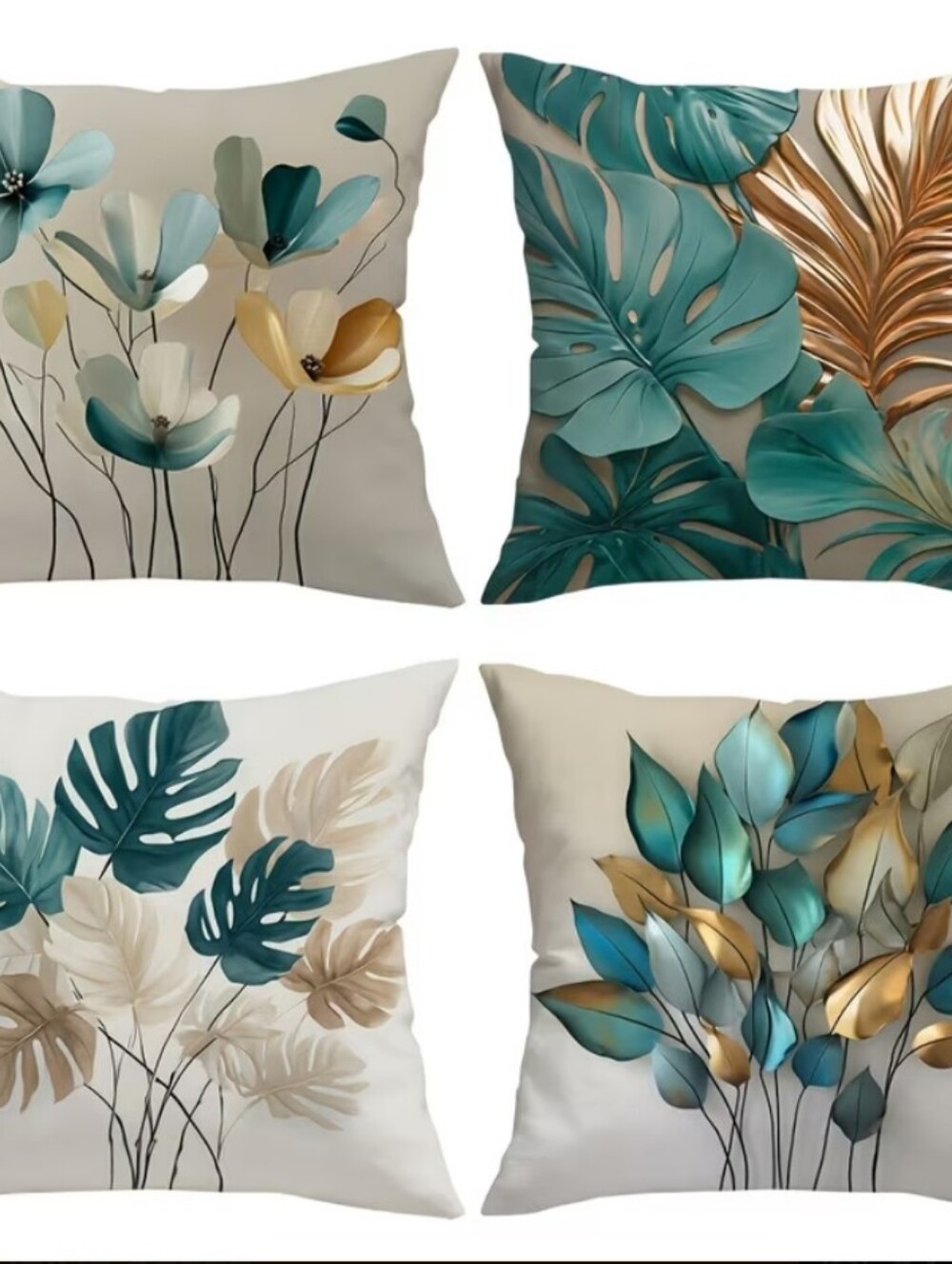 Teal & Gold Botanical Accent Pillow Set - Modern Home Accent. 4 PCs.